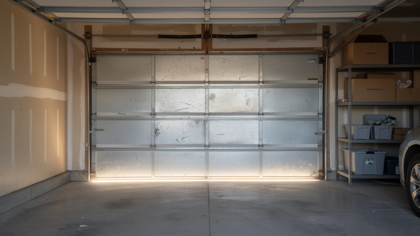 The closed garage door has a gap at the bottom with light shining through.
