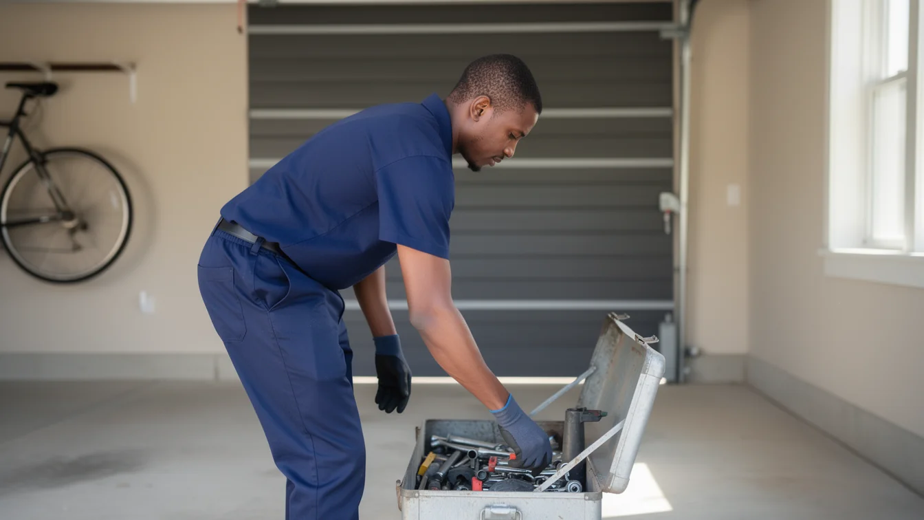 A technician in a blue uniform and gloves reaches into an open toolbox in a garage.