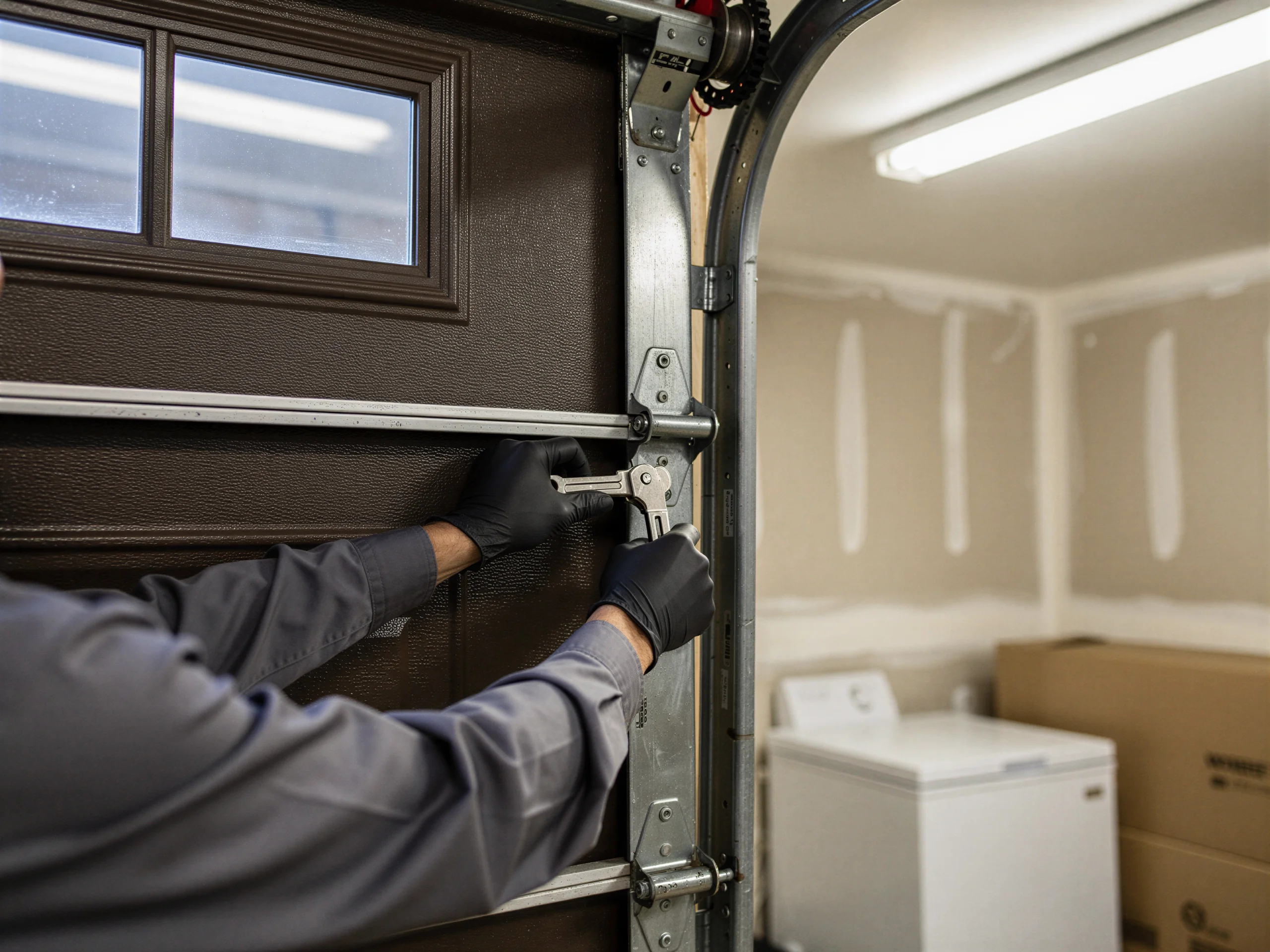 A technician in black gloves adjusts a brown garage door with a wrench.