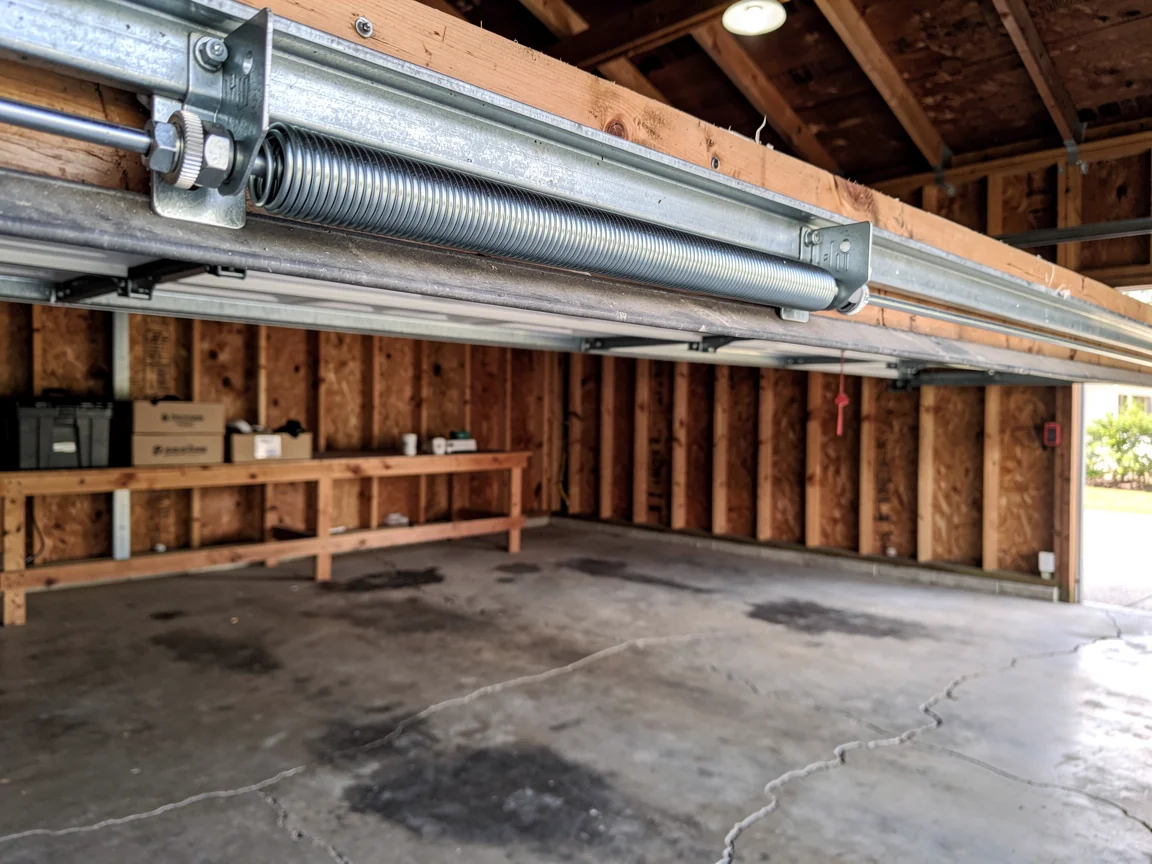 A torsion spring is mounted above an open garage door inside a garage.