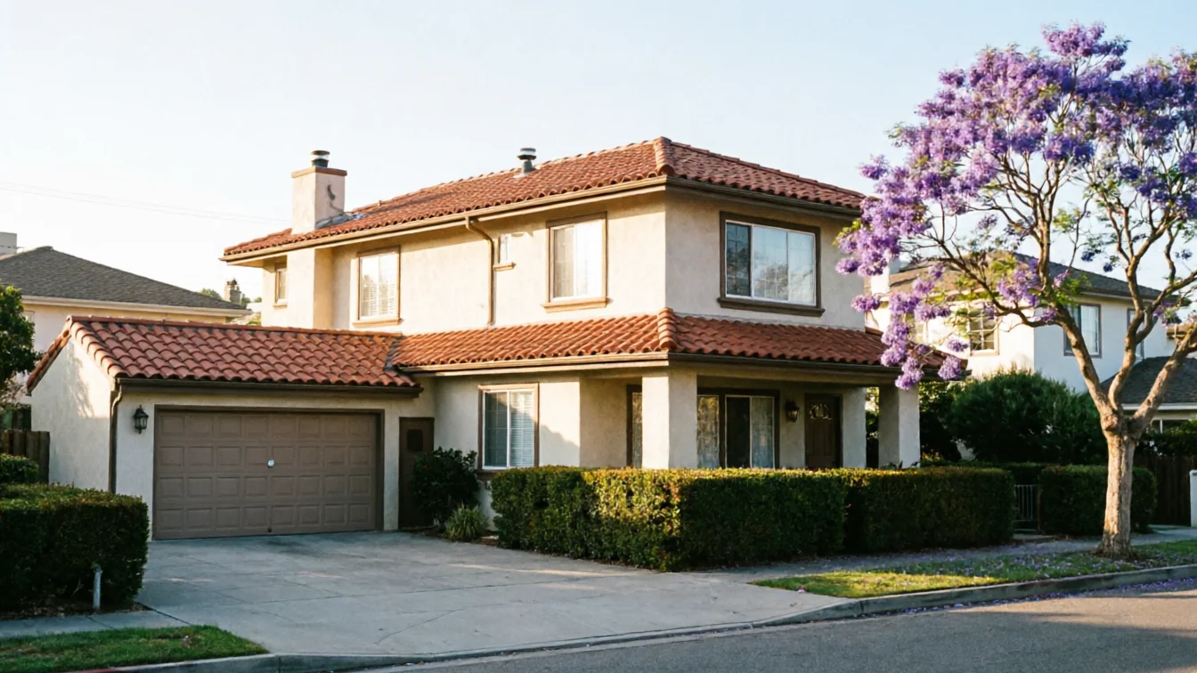 A two-story house with a brown garage door and a purple flowering tree.