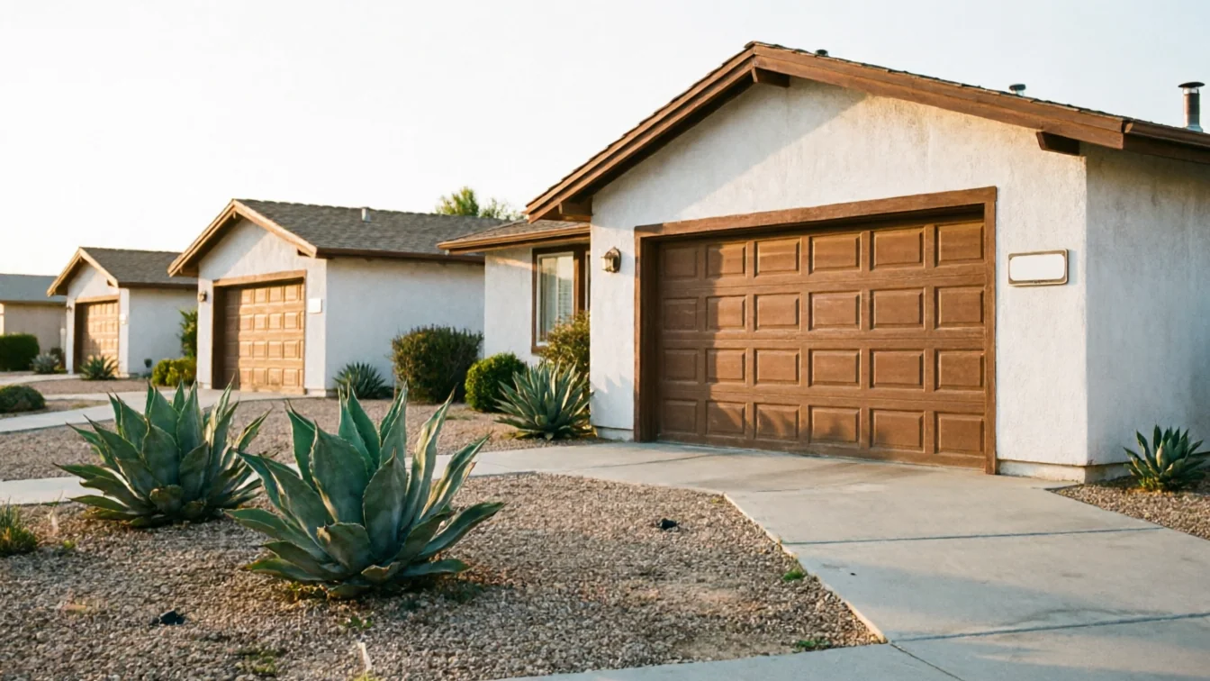 The house has a brown garage door, white stucco, and a brown roof.